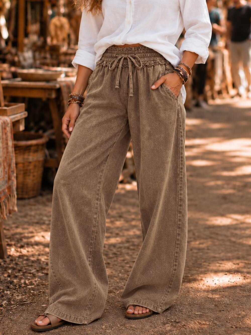Zenana 100% Tencel Ash Mineral Wash Wide Leg Boho Flowy Pants NWT